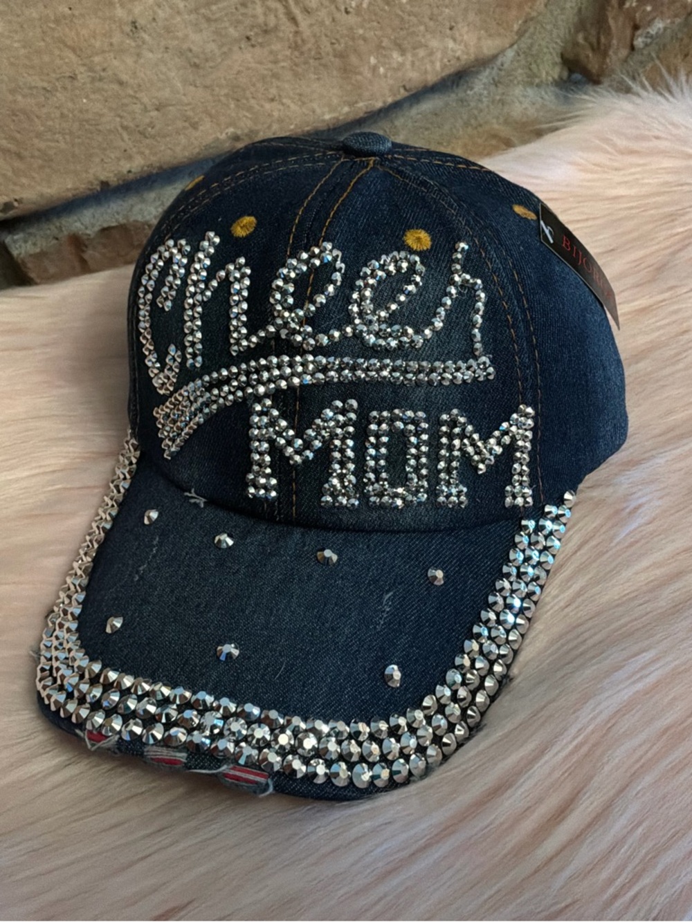 Rhinestone 'Cheer Mom' Embellished Denim Baseball Cap